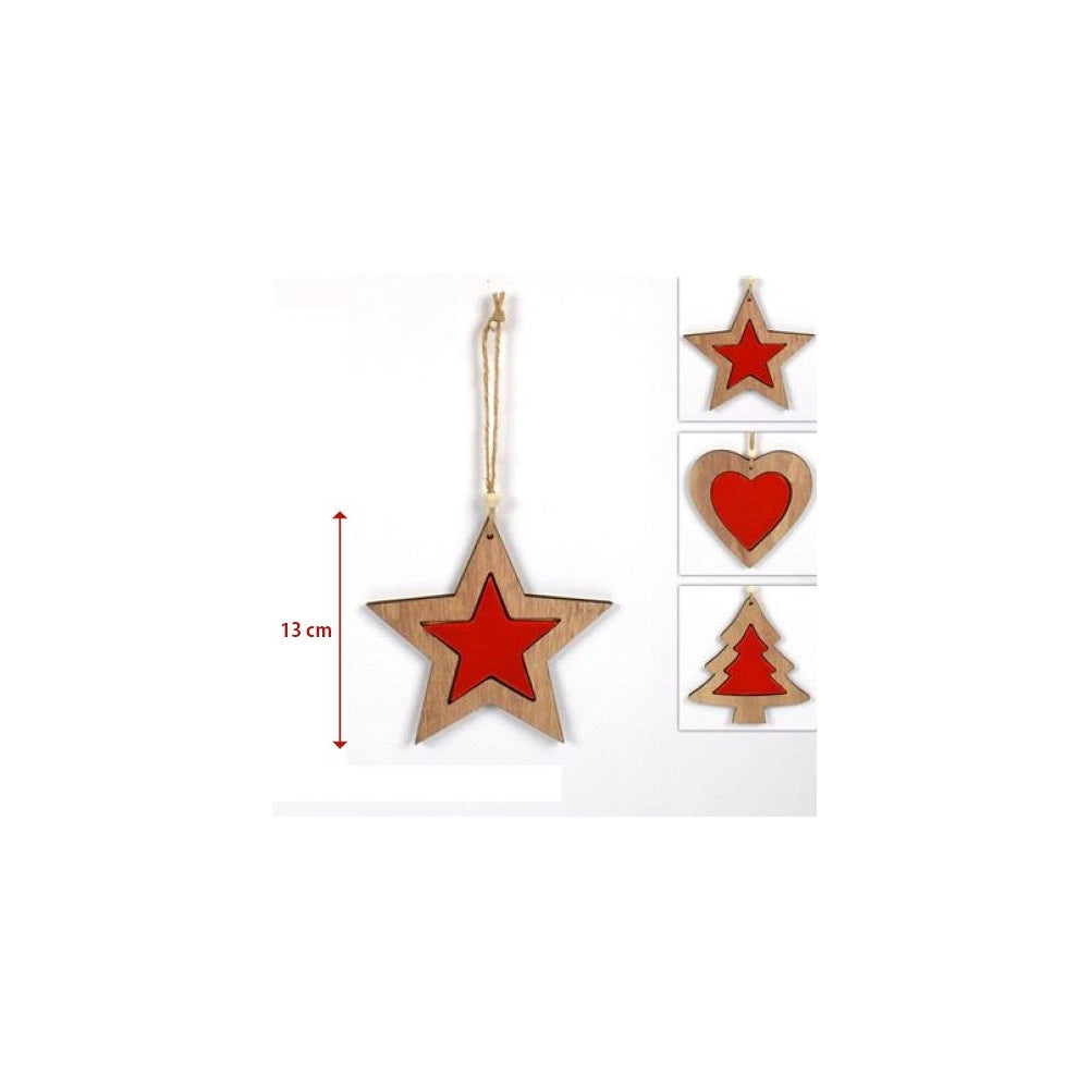 Trade Shop - 3 Appendini Natale In Legno Stella Albero Cuore Rosso Decorazioni Natalizie -