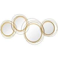 Decorazione Murale 3D in Metallo, Wall Art a Cerchi con Specchi 107x56cm, Oro