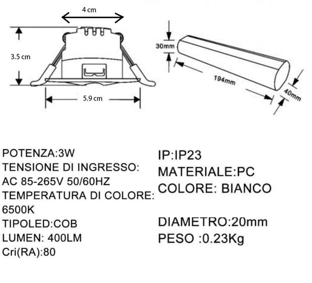 Lampada di emergenza a led faretto rotondo da incasso per contro soffittature 3w