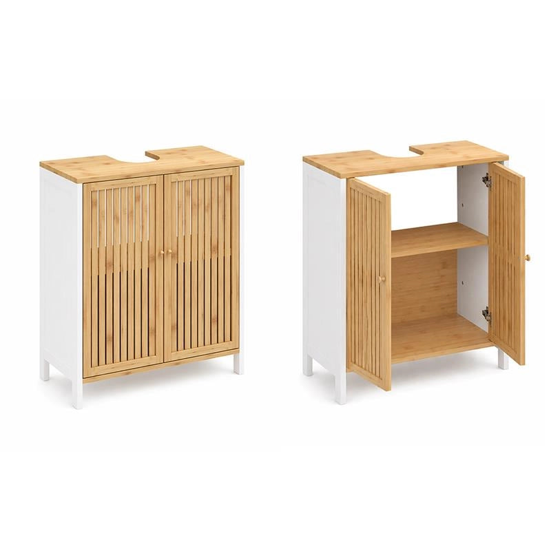 MOBILE SOTTOLAVABO IN LEGNO BIANCO CON 2 ANTE IN BAMBOO DIMENSIONI 60X30X70 CM