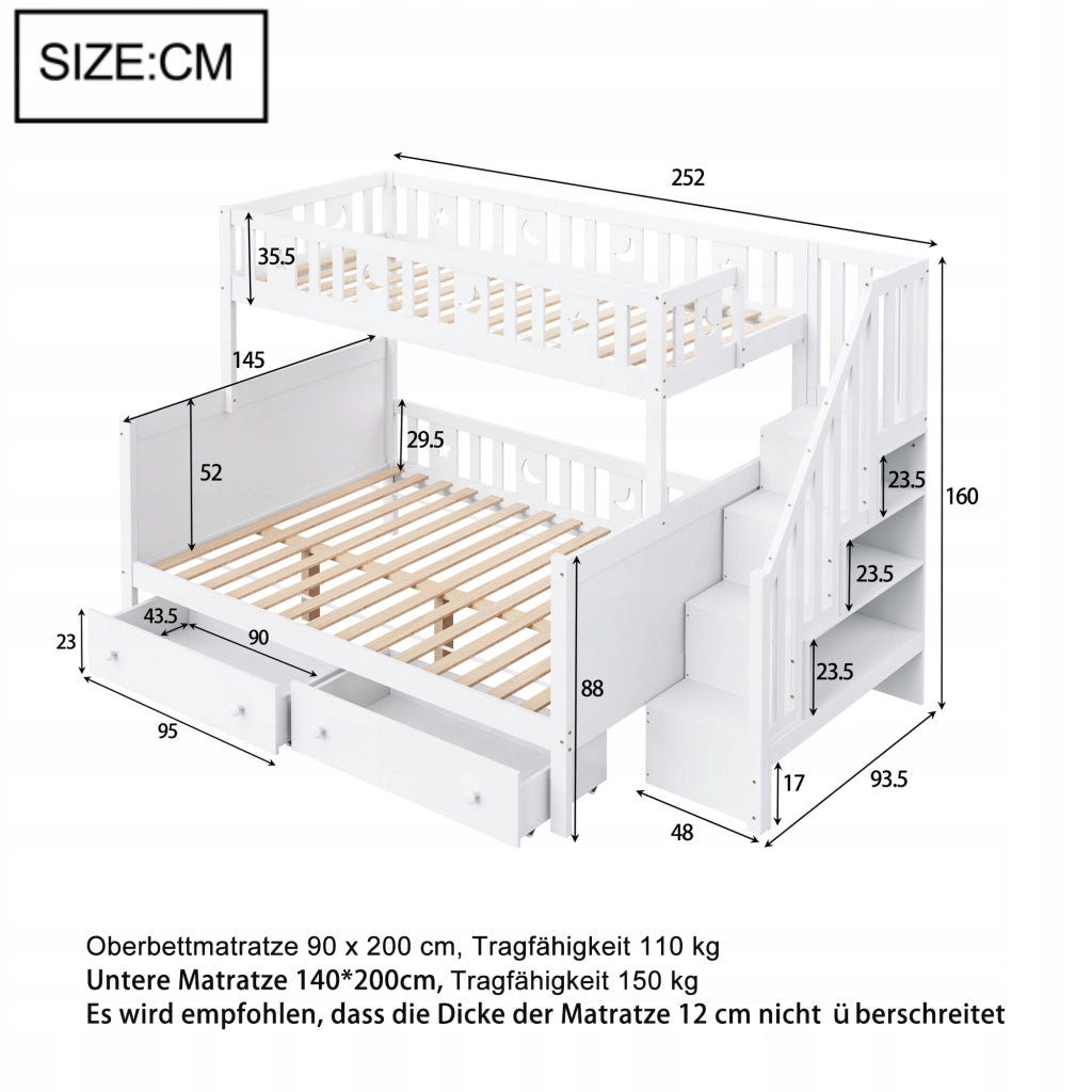 Letto a castello 90x200/140x200 - Xylo - Bianco con cassetti