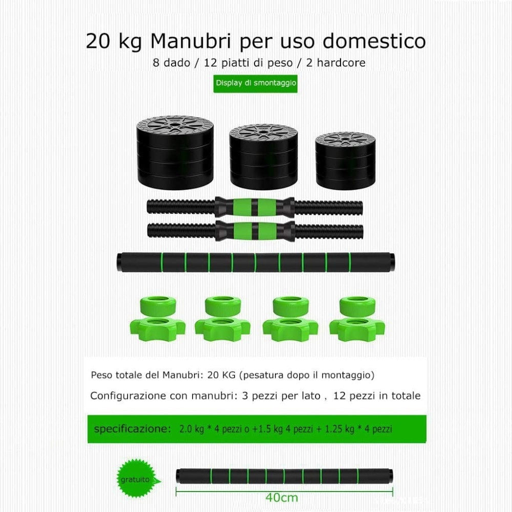 Trade Shop - Kit 2in1 Bilanciere + Manubri Con Pesi Regolabili Componibili Palestra Tot 20kg -