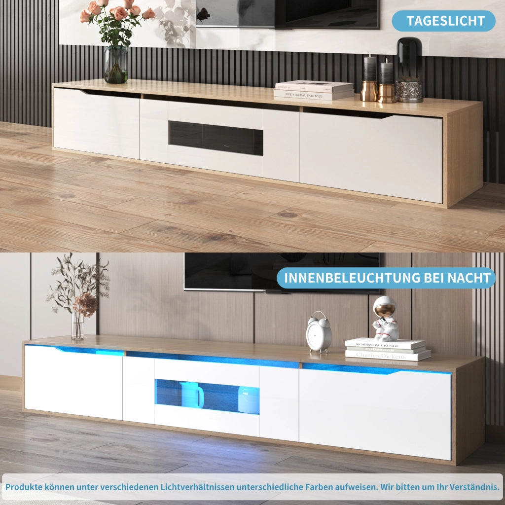 Mobile TV con Ante Scanalate e LED 16 Colori; Bianco Lucido e Effetto Legno; 180¡Á35¡Á30 cm; in Pannello Truciolare