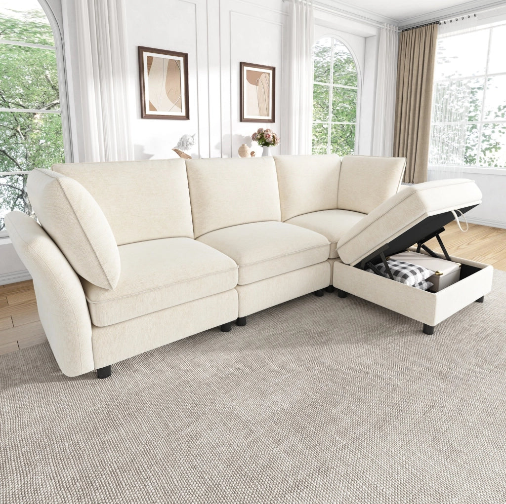 Divano angolare modulare 4 posti in ciniglia beige con pouf