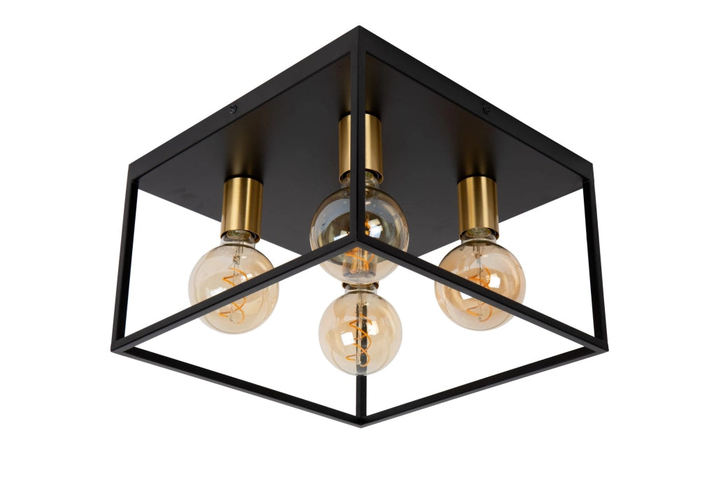 Plafoniera vintage nera oro quadrata 4xE27 Lucide Ruben