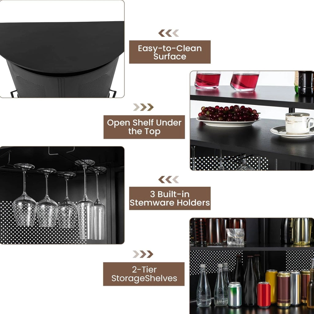 Tavolo da bar con 1 ripiano rialzato e 3 portabicchieri, tavolo da vino a 4 livelli, tavolo per bere, cucina, poggiapiedi in stile industriale, nero, 110,5 x 48 x 112,5 cm (semi-circolare)
