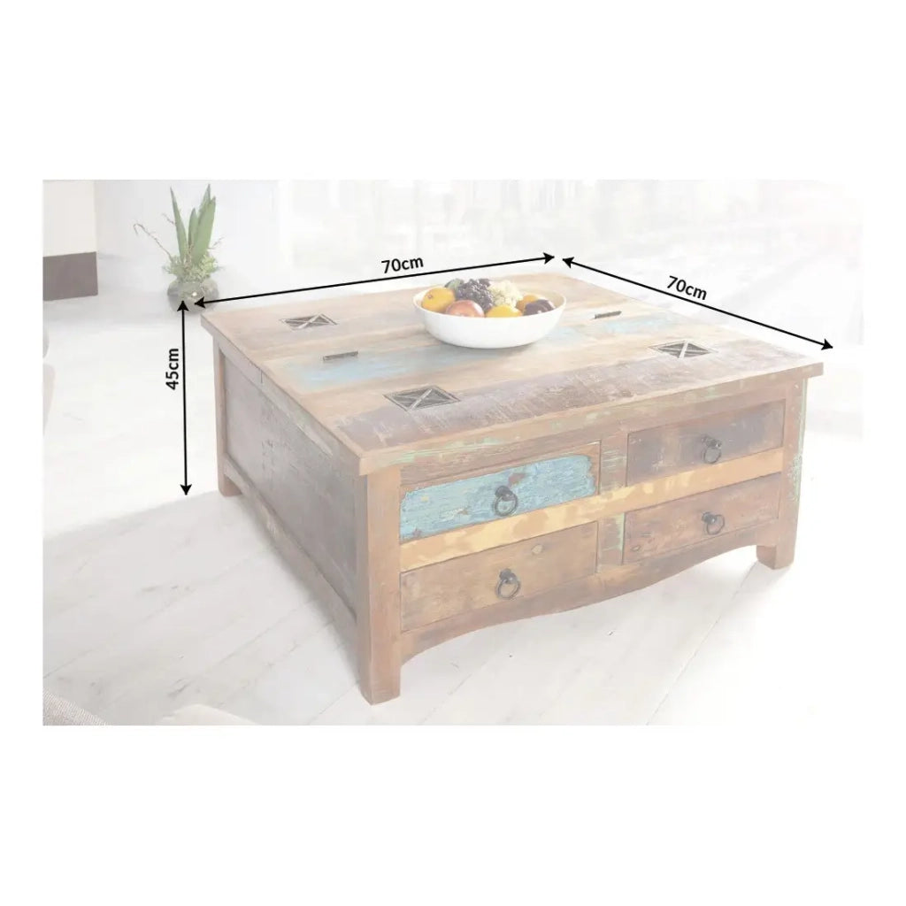 Tavolino basso PATCHWOOD quadrato 70 cm in legno riciclato multicolore con cassetti e baule