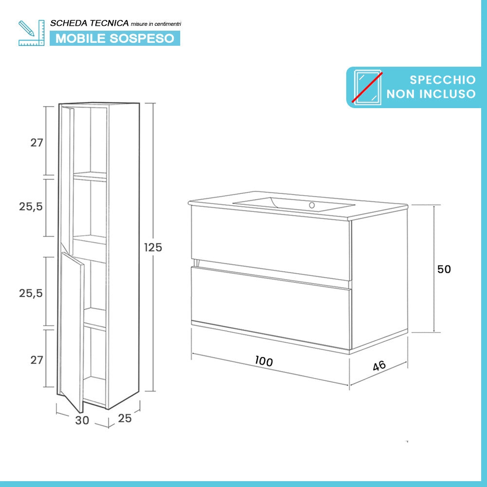 Mobile bagno sospeso 100 cm rovere bianco con pensile H 125 Nadia