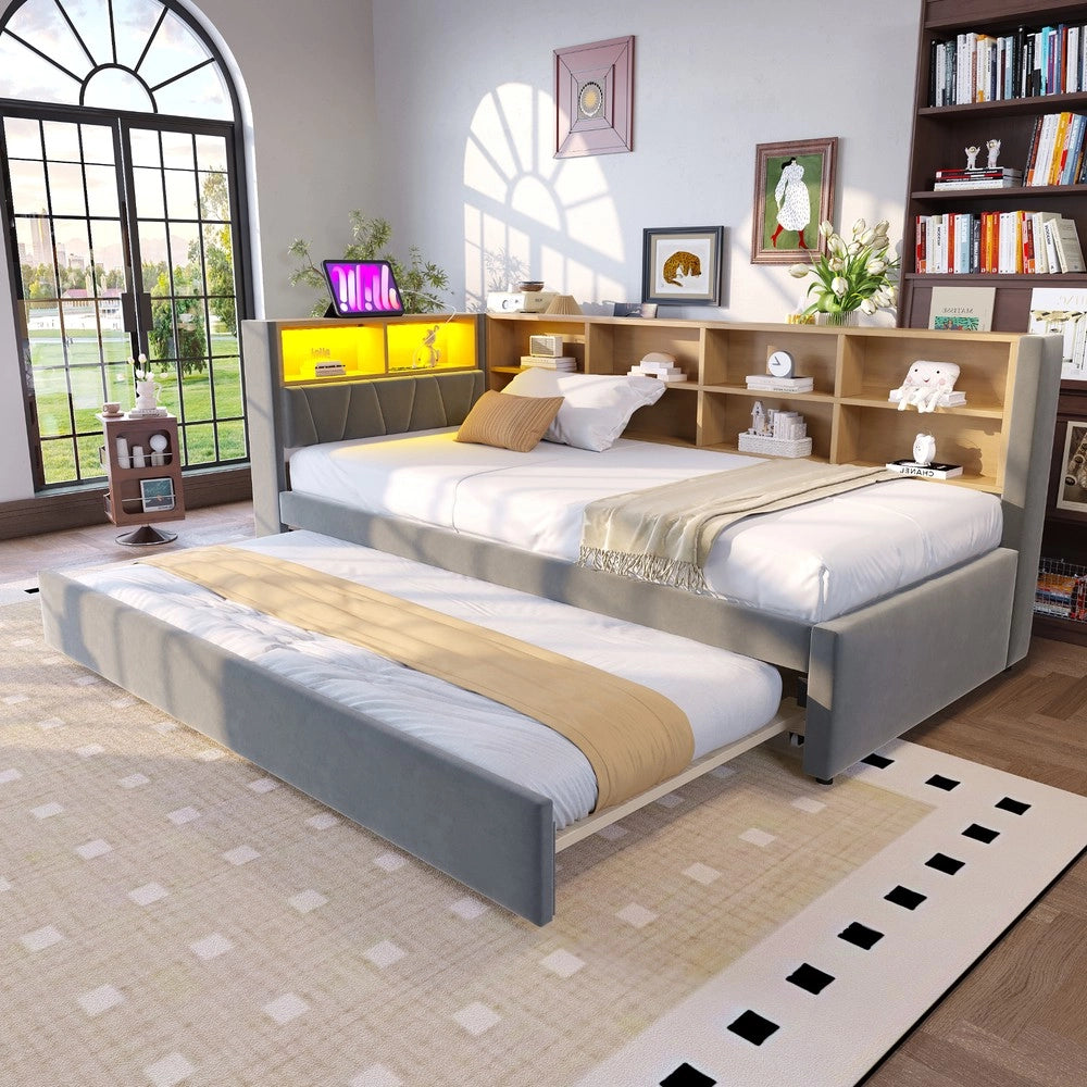 Letto Singolo Imbottito con LED e Prese ¨C MINIMAL ¨C Flanella, Grigio Scuro, 90x200