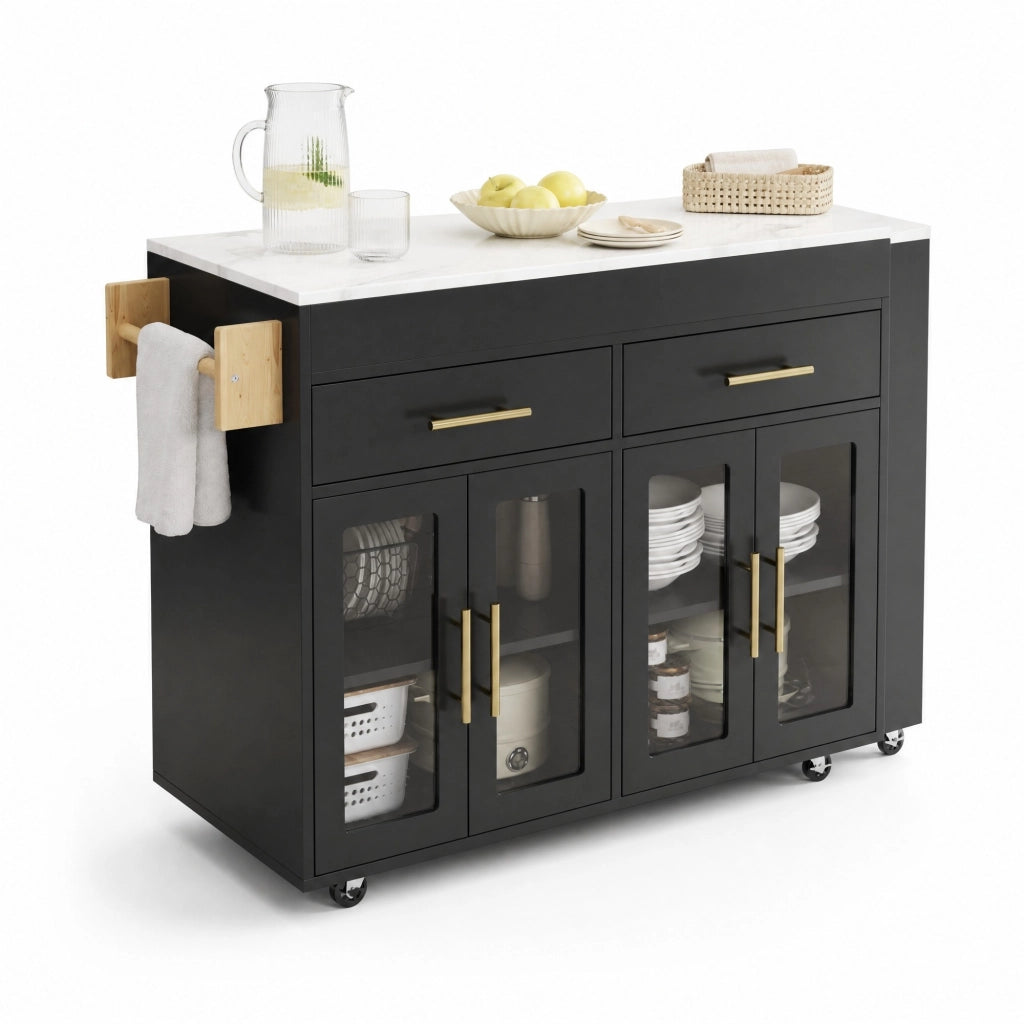 Isola da cucina mobile allungabile con piano estraibile, porta con vetrine, cassetti e ruote, nero
