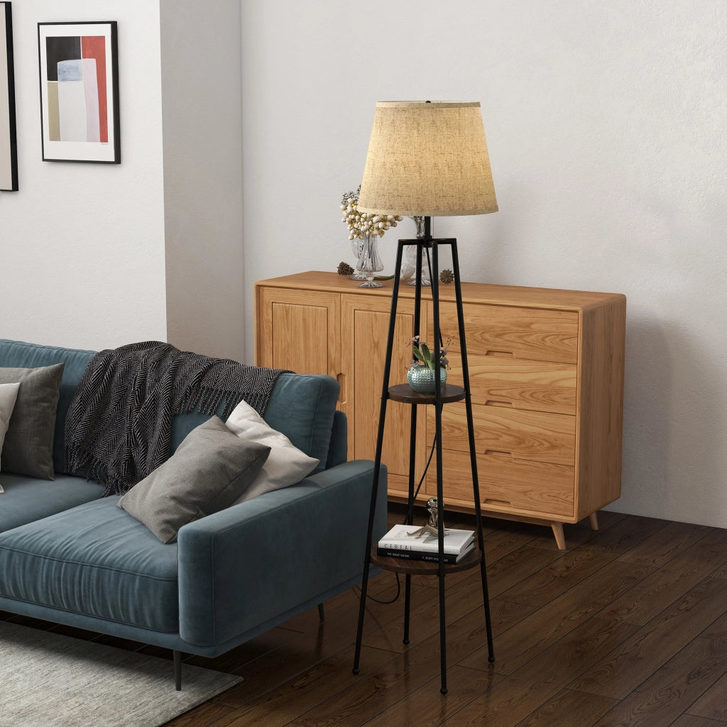 Lampada da Terra a 2 Ripiani in Metallo e MDF con Paralume in Tessuto, ?42x166 cm, Nero e Marrone