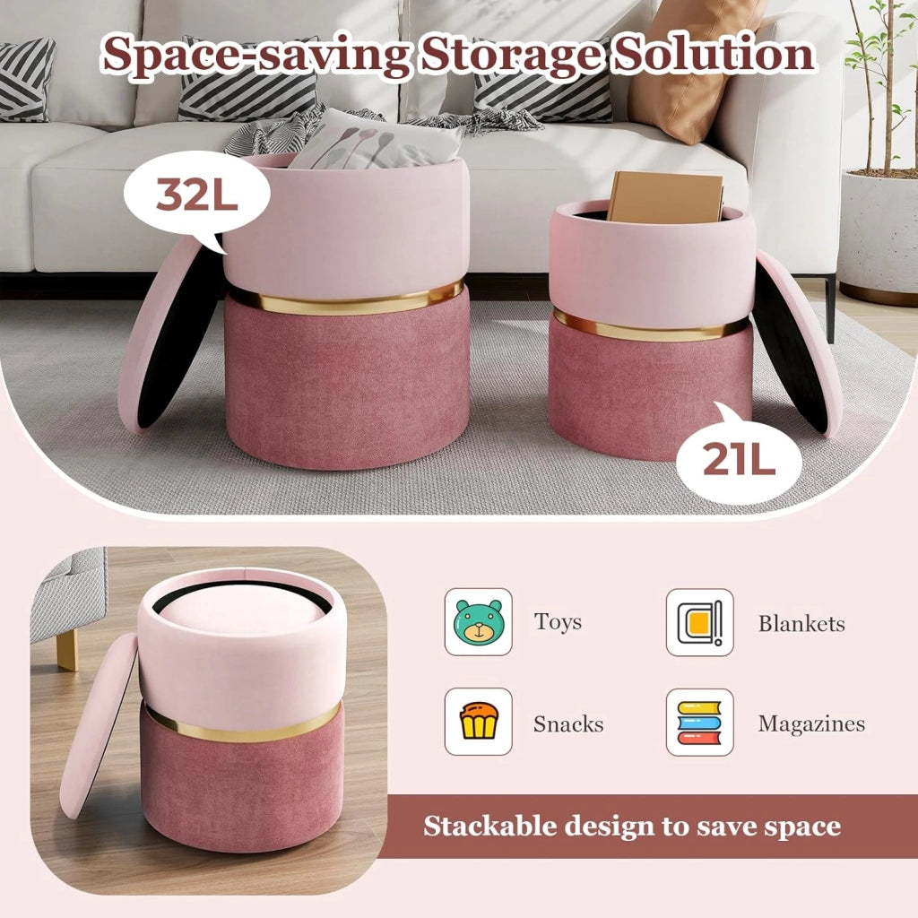 Set di 2 pouf moderni imbottiti con fascia in acciaio inox dorato e seduta imbottita, sgabello rotondo in velluto per soggiorno, camera da letto, sala trucco, rosa, 32 l + 21 l