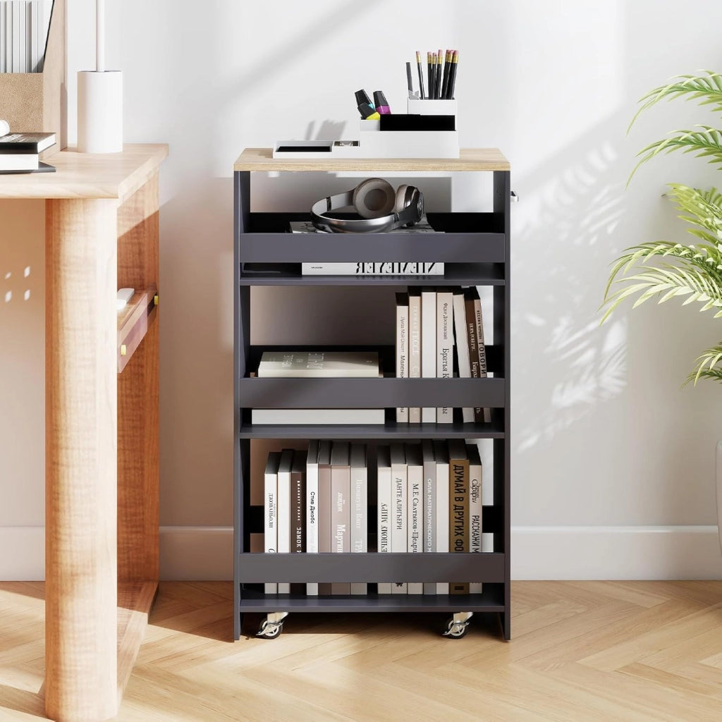Carrello per Nicchia con Ruote, 4 Livelli，Carrello di Servizio Stretto Salvaspazio, da Bagno, Scaffale da Cucina Sottile 47,5 x 13 x 80,5 cm (Naturale+Grigio, Largo 30 cm)