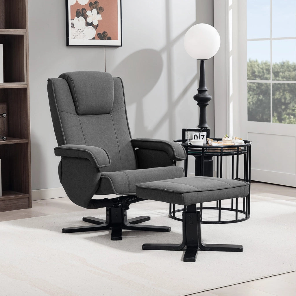 Poltrona Relax Girevole e Dondolo con Poggiapiedi ¨C Zephmum ¨C Tessuto Grigio Scuro, Legno