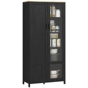 Mobile Dispensa Cucina in Legno a 9 Ripiani Regolabili con Ante in Vetro, 76x36x160 cm, Nero e color Legno
