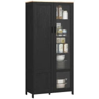 Mobile Dispensa Cucina in Legno a 9 Ripiani Regolabili con Ante in Vetro, 76x36x160 cm, Nero e color Legno