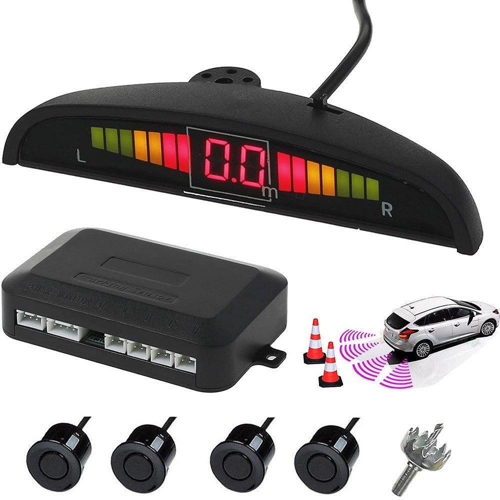 Trade Shop - Kit 4 Sensore Di Parcheggio Con Display Led Auto Sensore Posteriore Allarme Nero -