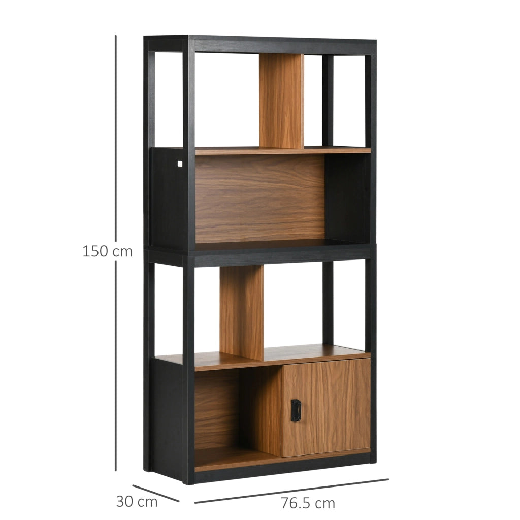 Mobile Libreria 4 Livelli Aperti con Armadietto, in Truciolato e MDF, 76.5x30x150 cm, Marrone e Nero