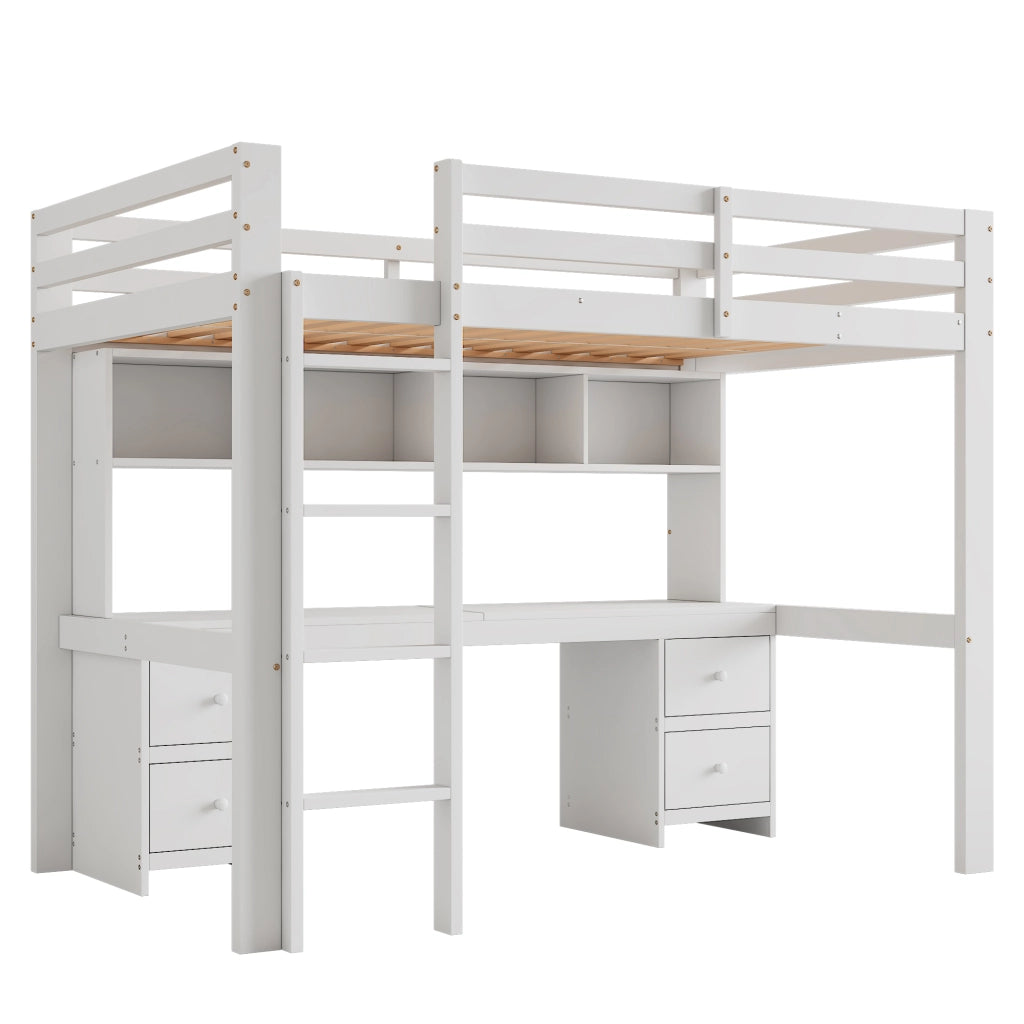 Letto a soppalco 90x200 cm con scrivania; 4 cassetti; in pino e MDF; bianco