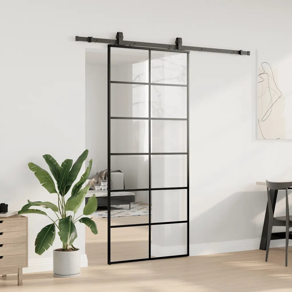 Porta Scorrevole con Ferramenta Nera 90x205 cm in Vetro ESG