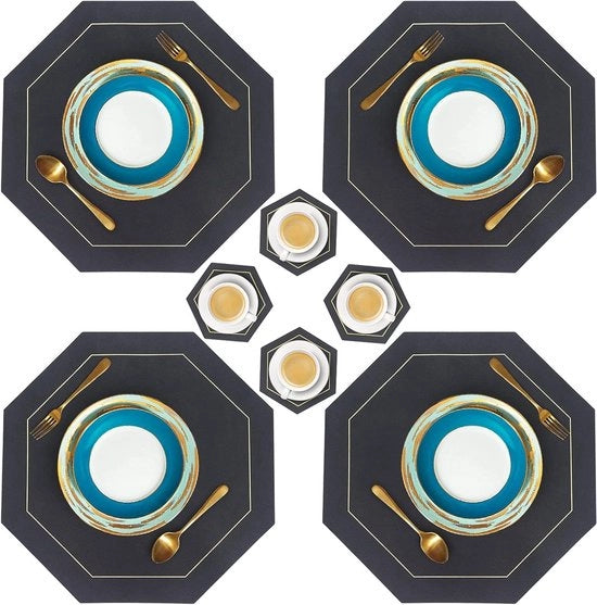 Set di placemats e sottopiedini in pelle PU impermeabile e resistente al calore, da 4, per tovaglie da tavola da cucina per casa o ristorante - Nero