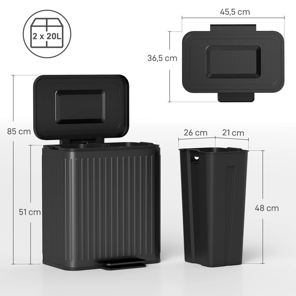 Bidone doppio per cucina ¨C zephmum ¨C 2x20L, interno estraibile, pedale, 45.5x36.5x51cm, nero