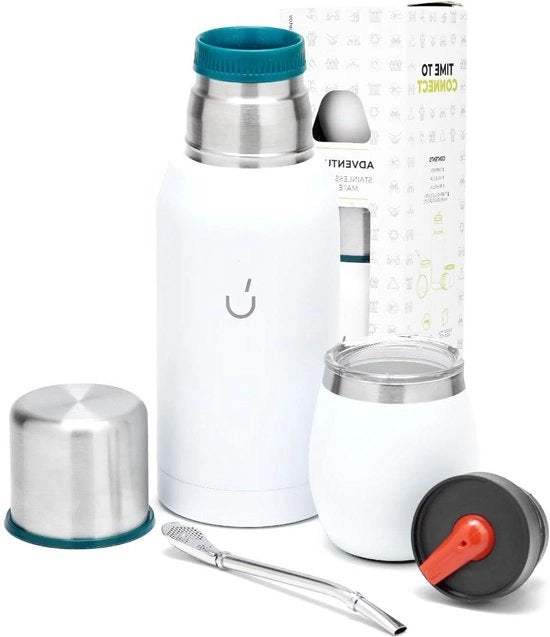 Set di Yerba Mate Argentino da 6 - Incluso Bicchiere di Mate in Acciaio con Coperchio - Bombilla e Termos - 2 Stoppers di Servizio (Pico Cebador) - Bianco