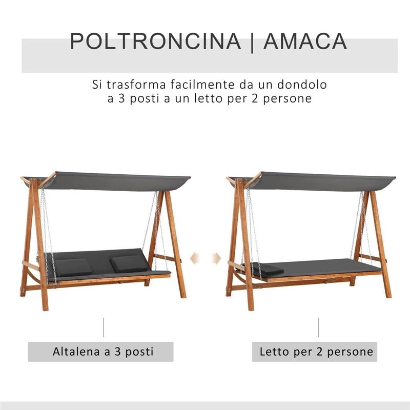 DONDOLO DA GIARDINO 3 POSTI CONVERTIBILE IN LETTO 225.5 X 113 X 180CM GRIGIO
