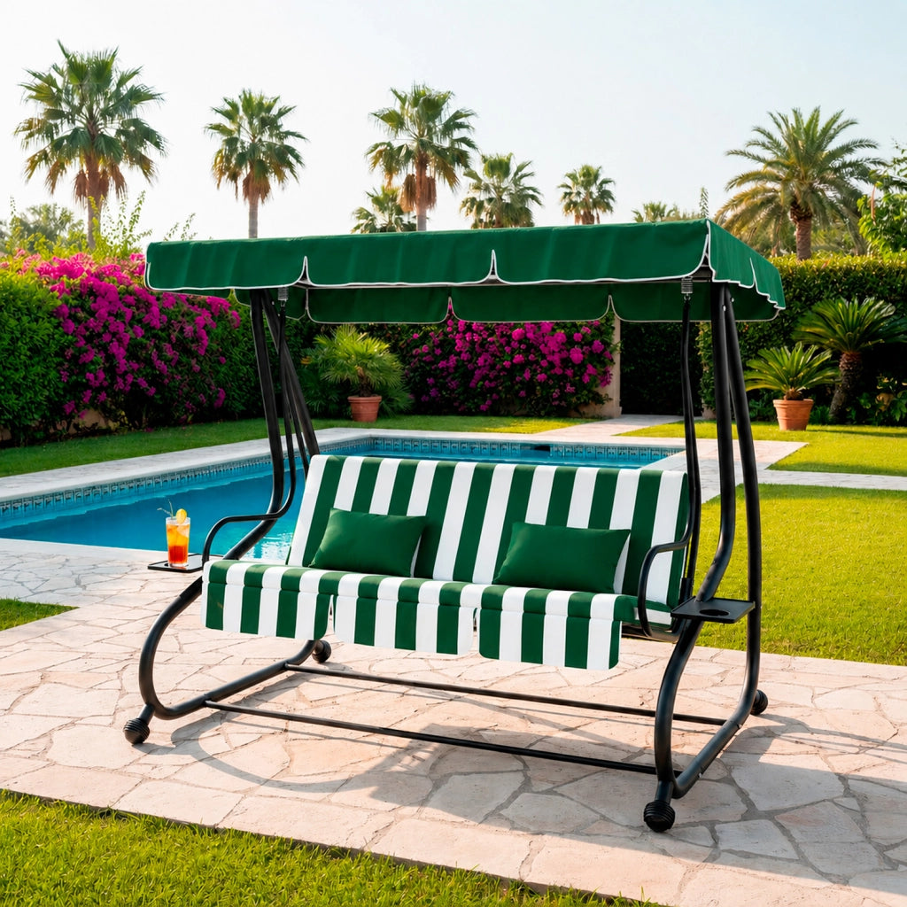 Dondolo 3 Posti Reclinabile Madeira Tettuccio Parasole Regolabile Cuscini Imbottiti Diventa Letto Struttura Robusta In Acciaio Verniciato Giardino Esterno Balcone Terrazzo 200 x 120 x 160 cm Verde E Bianco