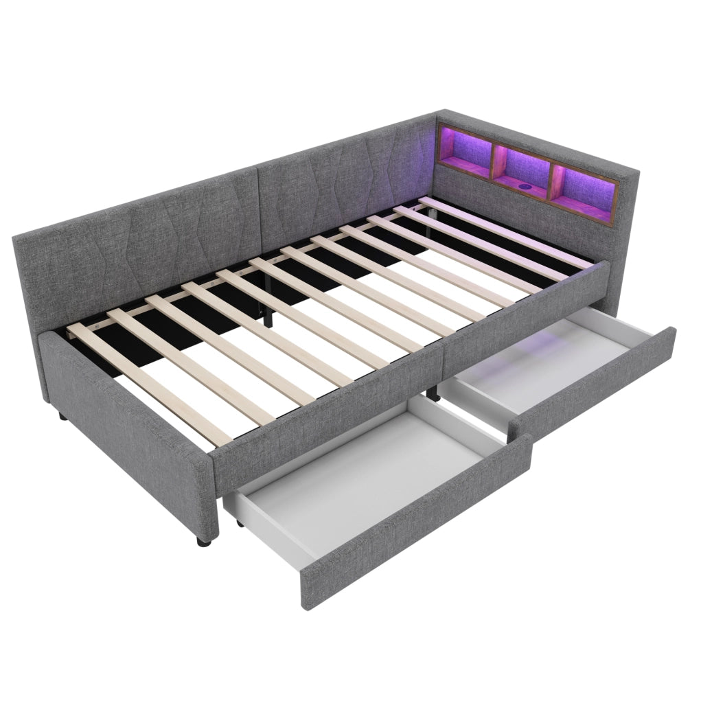 Divano letto 90x200 cm con LED; USB e Type C; in lino e MDF grigio (Senza materasso)