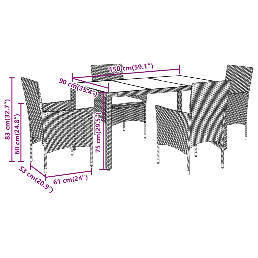 Set Pranzo da Giardino 5 pz con Cuscini Nero Polyrattan Acacia