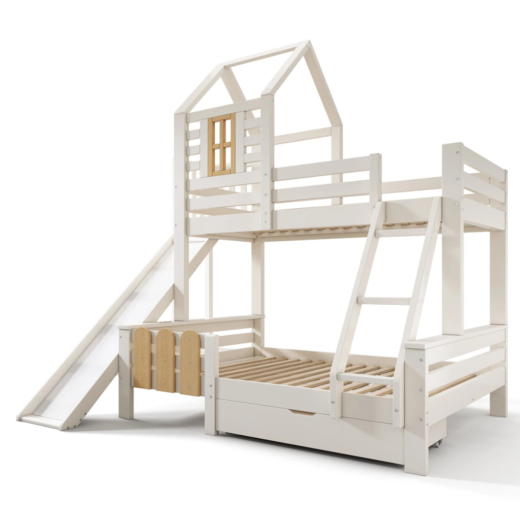 Letto a castello per bambini 90x200/140x200 cm con scivolo, scala, cassetto e rete a doghe