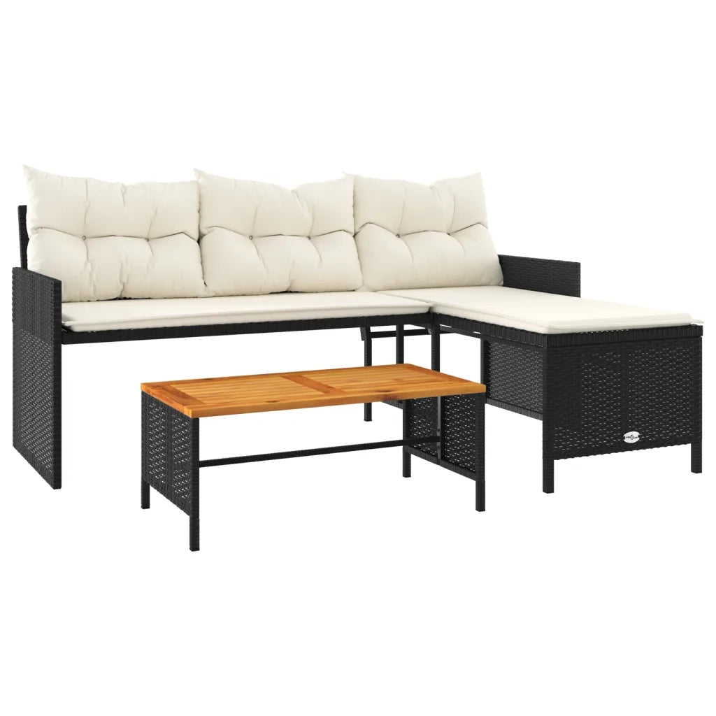Divano da Giardino con Tavolo e Cuscini a L Nero in Polyrattan 365581