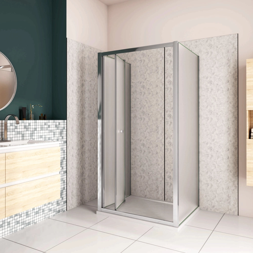 185cm Box Doccia a Tre Lati Porta a Soffietto 70cm con Doppia Parete Fissa 70x70cm in Vetro Temperato Satinato Opaco 5 mm Profilo Cromato Lucido
