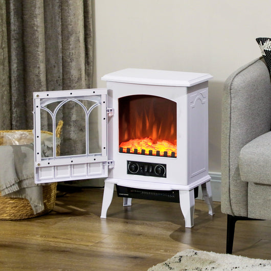 Camino Elettrico da Terra 1000W-2000W con Effetto Fiamma Regolabile 39x23x56,5 cm Bianco