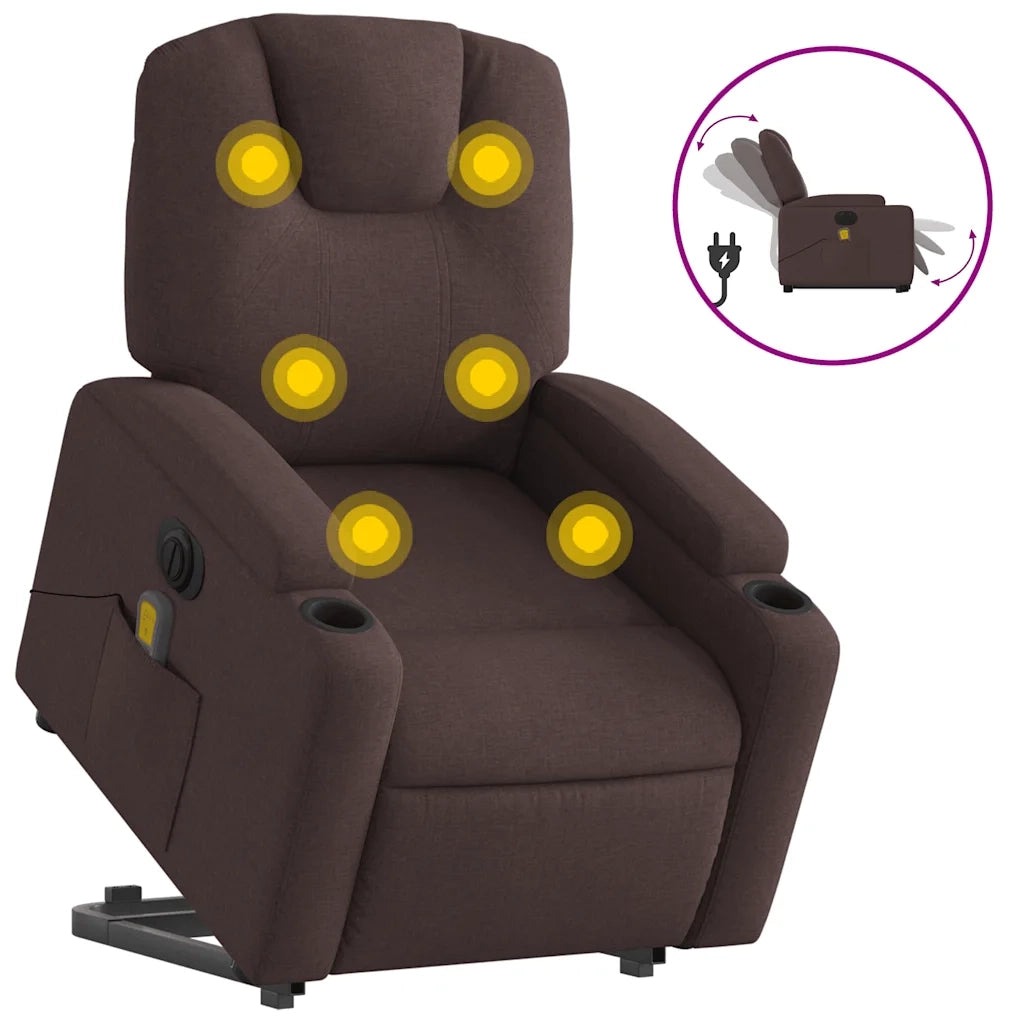 vidaXL Poltrona Alzapersona Massaggio Elettrica Marrone Scuro Tessuto