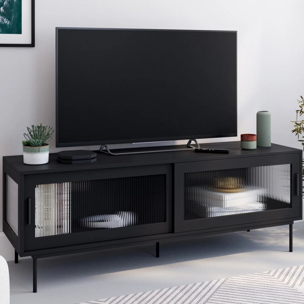 IDMarket - Mobile TV ZINEB 140 cm, 2 ante scorrevoli in vetro, frontale nero scanalato