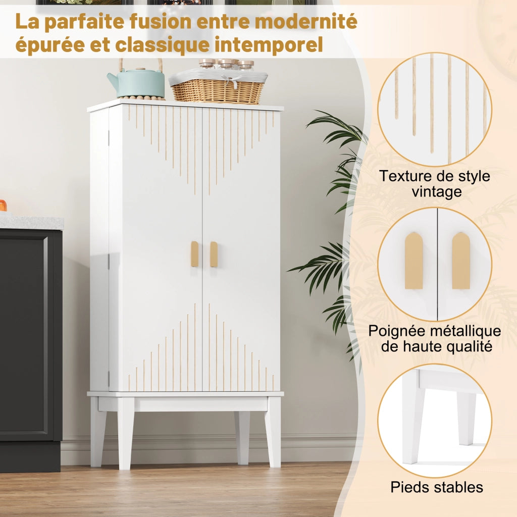 Credenza a 2 ante con 5 vani e chiusure a riga, per cucina, soggiorno e ingresso, in MDF bianco, 120 × 59 × 30 cm