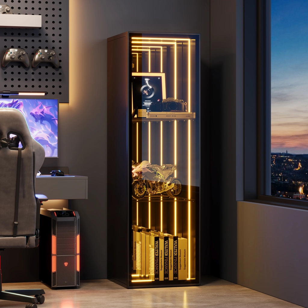 Vetrina con LED e 3 vani aperti, ripiani regolabili e ante in vetro temperato, per soggiorno, nero, 30 × 30 × 90 cm
