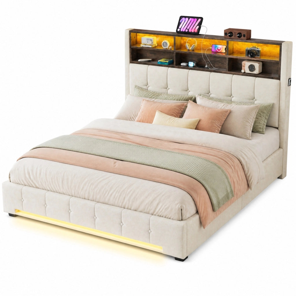 Letto matrimoniale 180 x 200 cm in velluto beige con contenitore; LED e USB-C