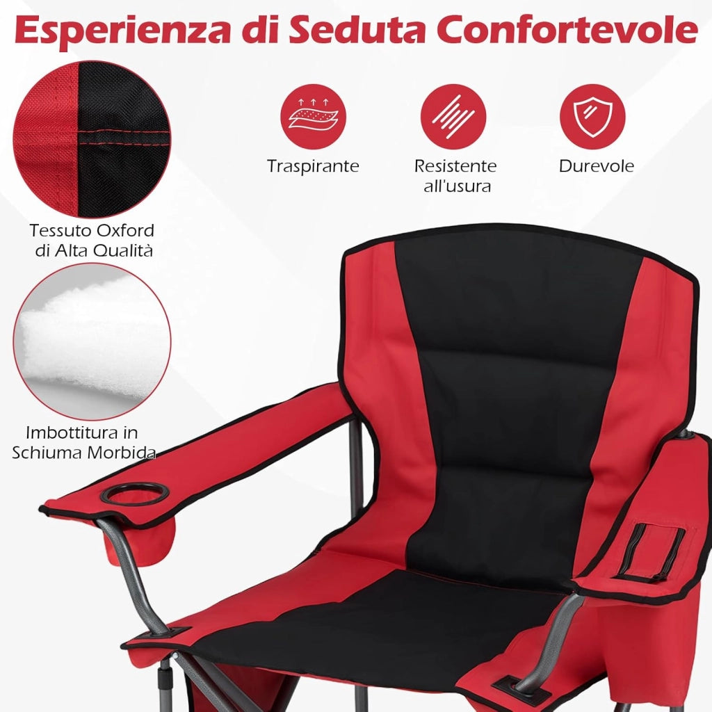 Sedia da Campeggio Pieghevole, Sedia da Esterno con Tasca Refrigerante, Portabicchiere, Tasca Laterale e Borsa, Sedia Portatile per Picnic, Escursioni e Pesca, Portata 150 kg (Rosso)
