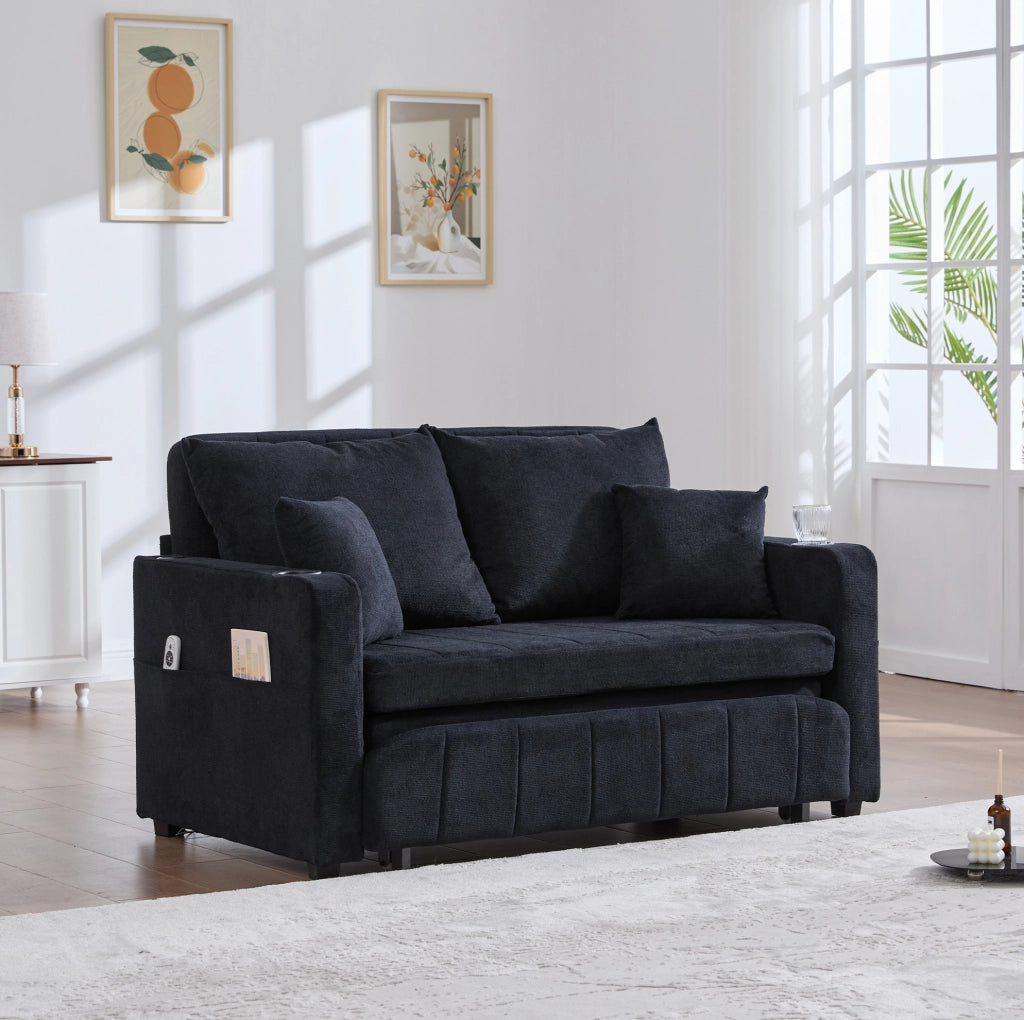 Divano letto trasformabile in ciniglia nera; 139 x 83 x 58 cm; con tasca laterale e 4 cuscini
