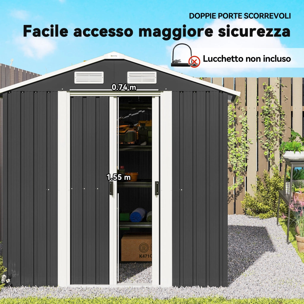 Capanno Box da Giardino 195,5x158,5x188 cm con 2 Porte Scorrevoli in Acciaio Nero