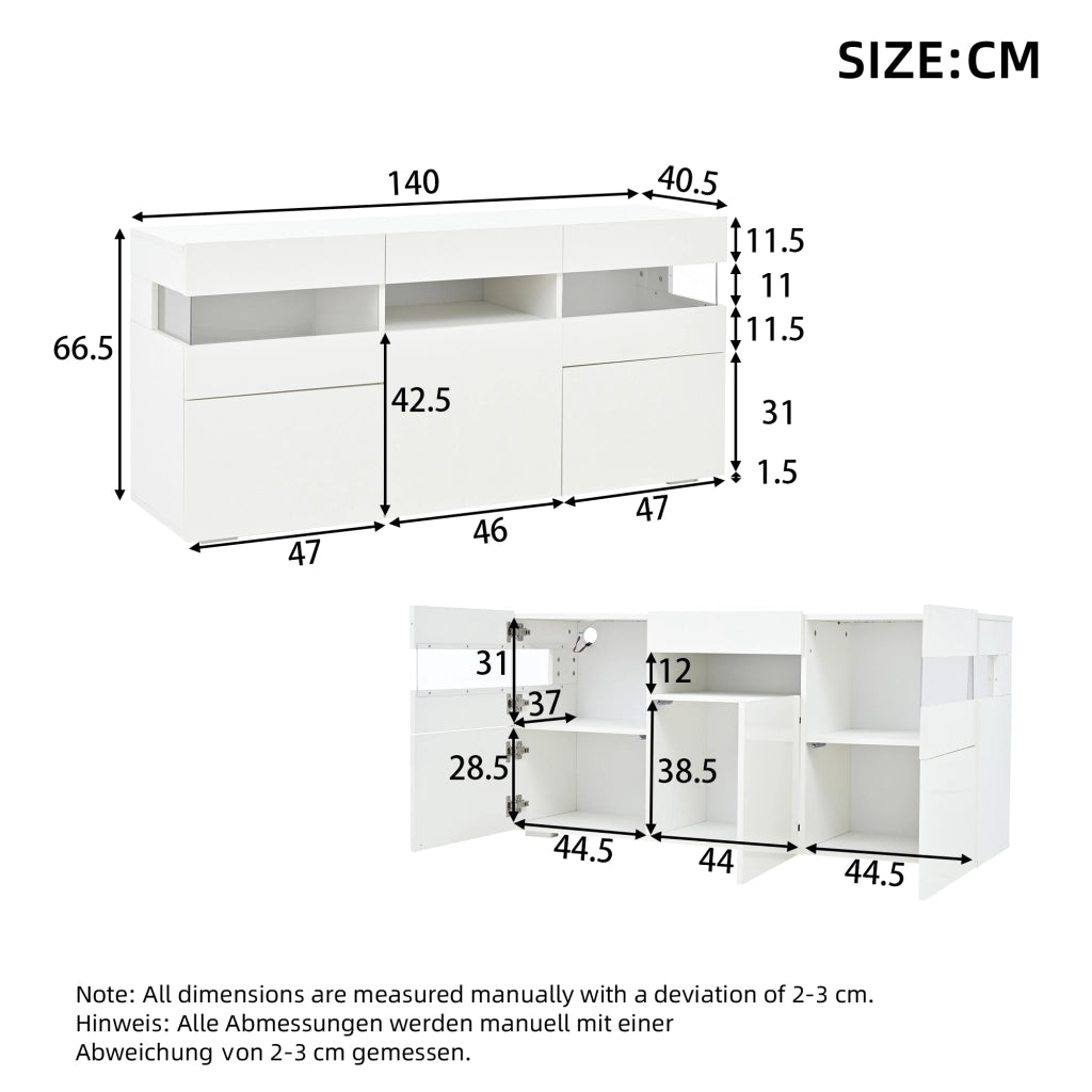 Credenza con LED e 3 ante, 7 vani e vano semiaperto, frontale lucido, per soggiorno, bianca, 140 × 40,5 × 66,5 cm