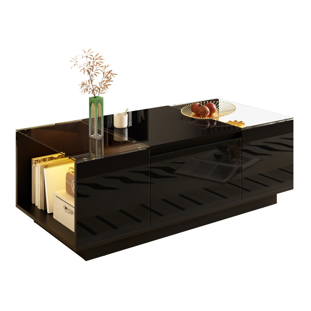 Tavolino da salotto 105x50x35 cm con LED; 2 cassetti; vetro; pannello truciolare nero