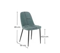 E-STYLO Sedia da pranzo in tessuto acquamarina e gambe in metallo nero, imbottita, 55cm X 46cm H. 85cm.
