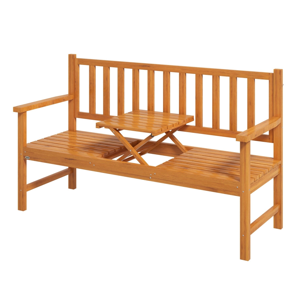 Panchina da Giardino con Tavolino Centrale Sollevabile e Braccioli, in Legno, 153x56x91 cm, Marrone Chiaro
