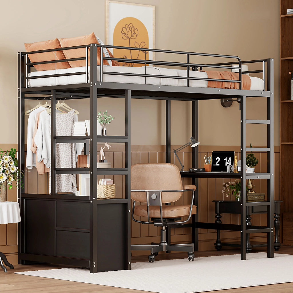 OKWISH Letto a Soppalco 90×200 cm, Letto Singolo con Scrivania, Presa, USB, Mensole e Armadietto Aperto, senza Materasso, Metallo, Nero