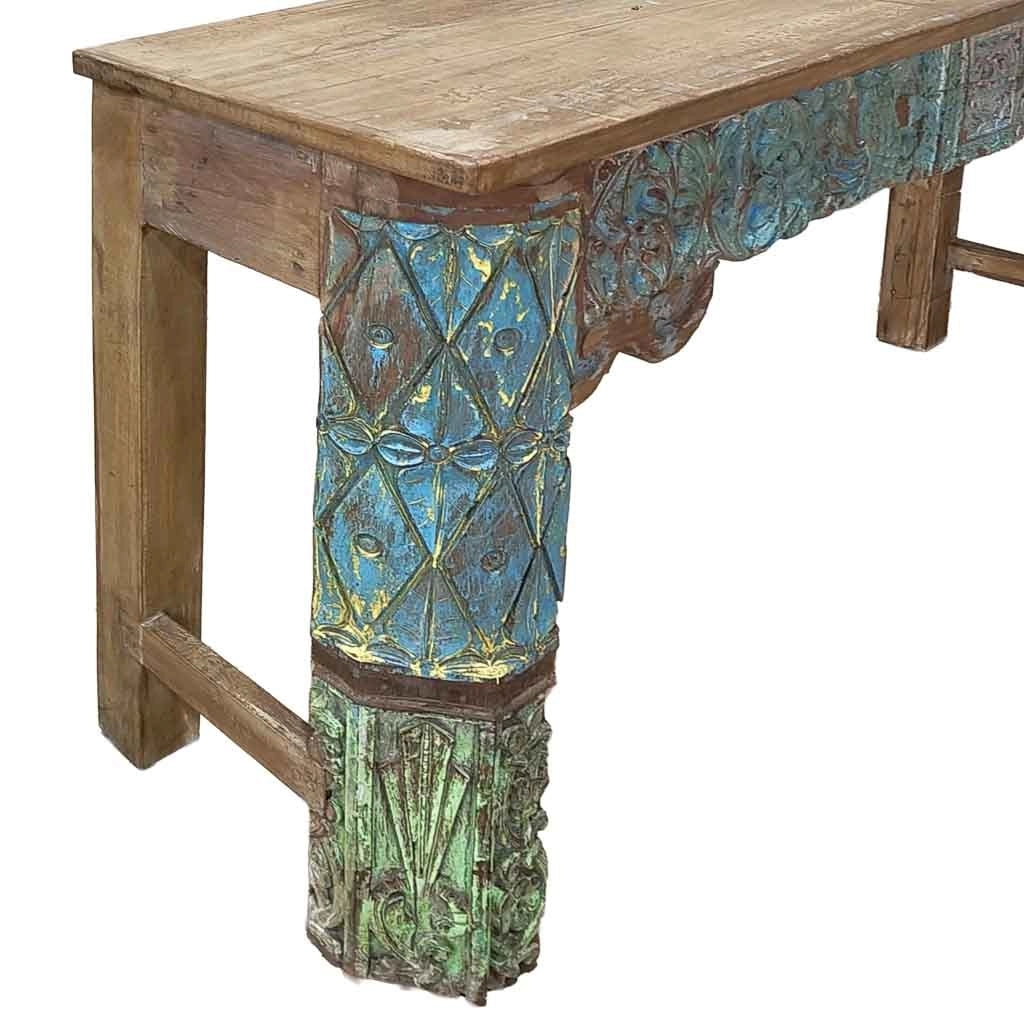 Consolle in legno con finitura artigianale marrone, 154x38x76h cm
