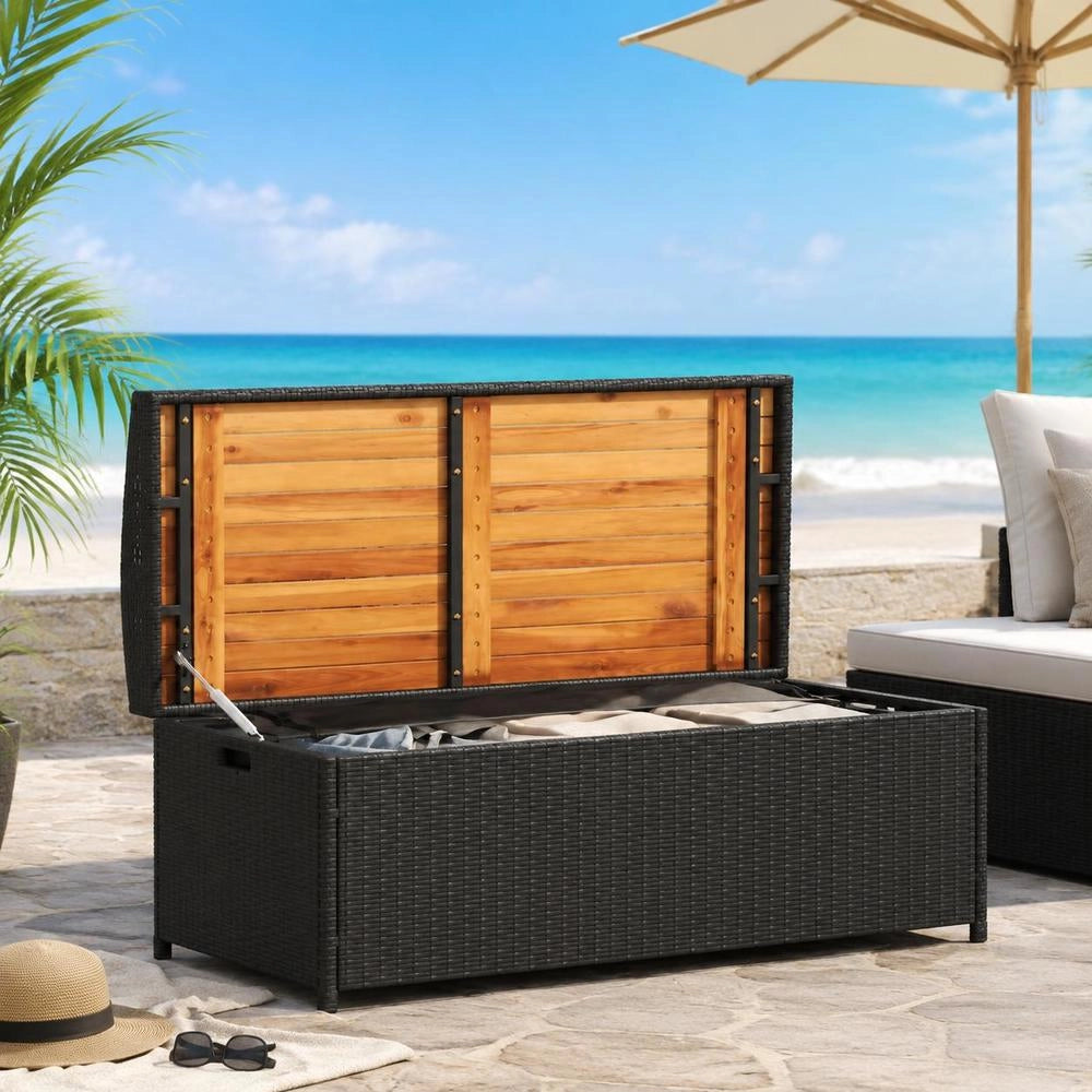 Storage Bench, Black, 100x50x52 Cm, Poly Rattan, Acacia Wood